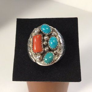 Mens Native American Ring Turquoise Coral Ana Spencer Sterling Silver size10 3/4